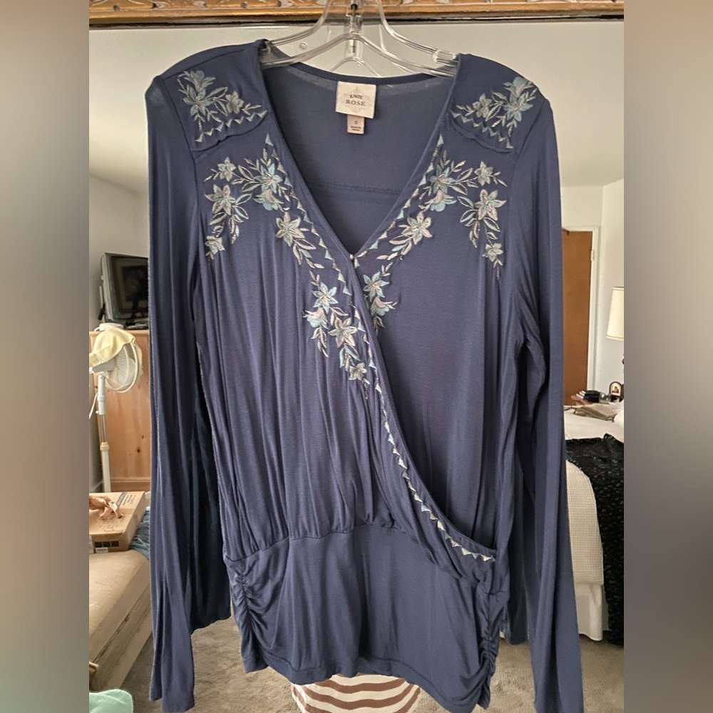 Knox Rose Navy Blue Embroidered Wrap-Front Blouse fits like a M